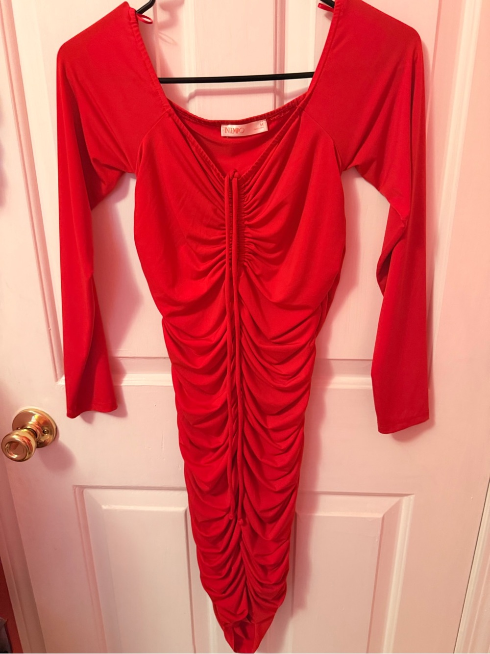 Ninbo Red Long-Sleeve Ruched Midi Dress